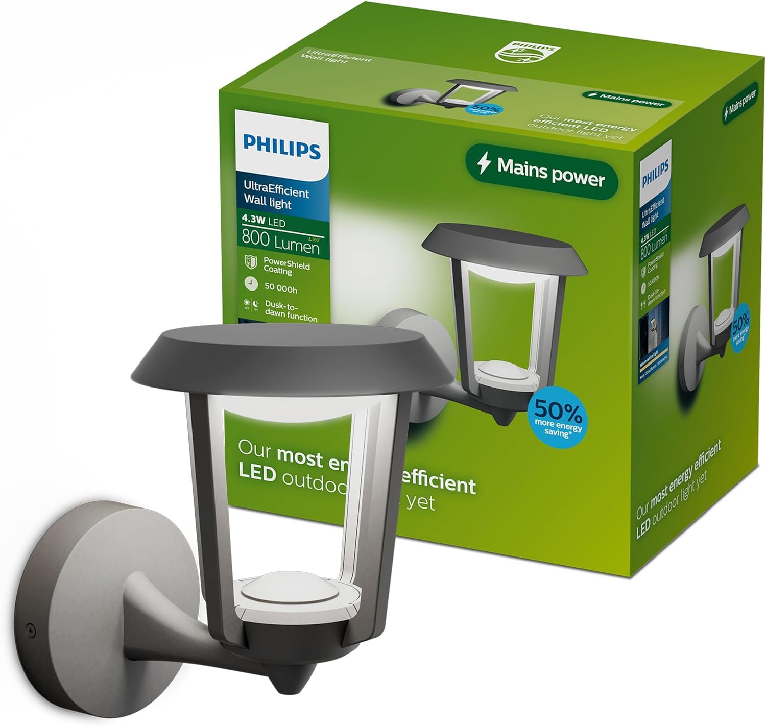 Applique da esterno Philips Nuvy, 800 lm, 2700 K, PowerShield, IP44 resistente alle intemperie, durevole, alluminio, LED integrato, grigio antracite