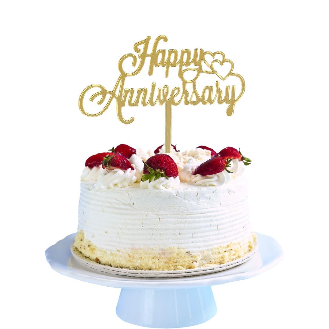 PRETTY UR PARTY Happy Anniversary Cursive Cake Topper, Mirrored Gold Acrylic for Anniversary Decorations Supplies, Photo Booth Props, Single-Side Gold-image-26