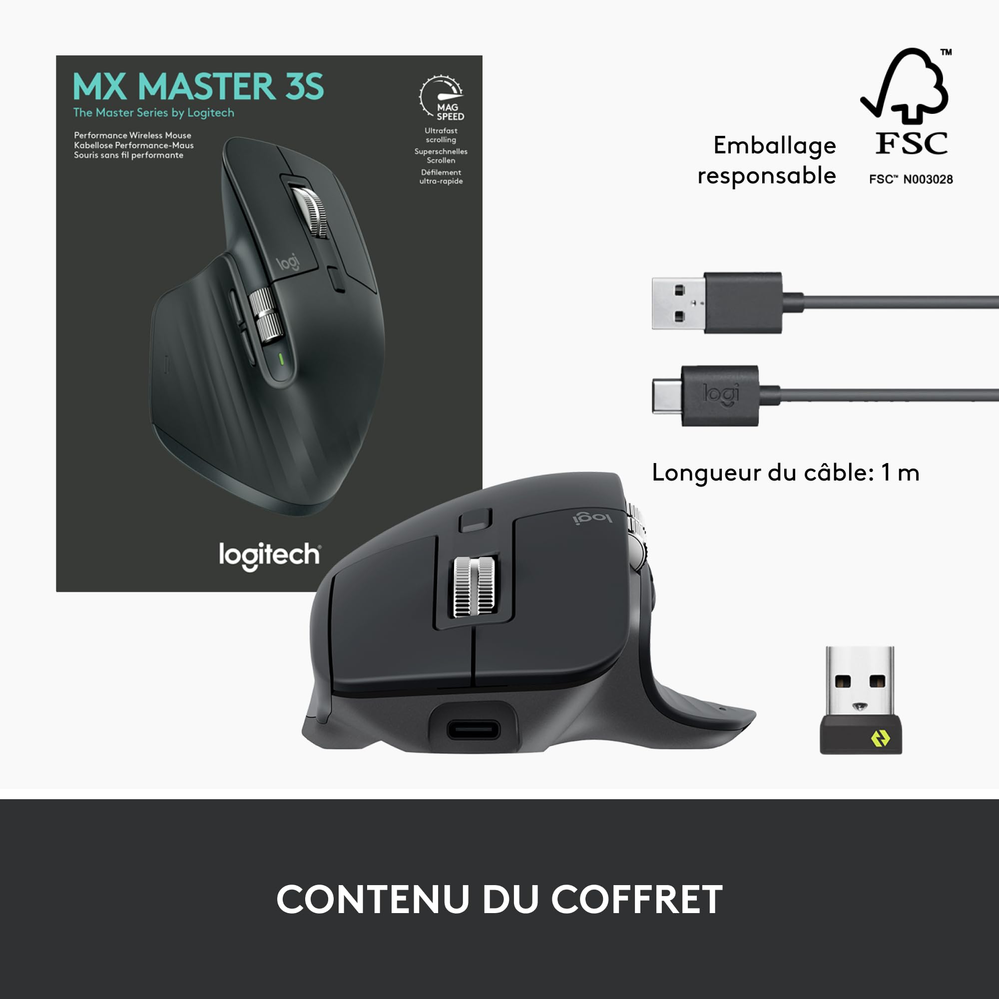 Logitech MX Master 3S - Souris Performante Sans Fil avec Défilement Ultra-Rapide, Ergonomique, DPI 8K, Suivi sur Verre, Clics Silencieux, USB-C, Bluetooth, Windows, Linux, Chrome - Gris foncé