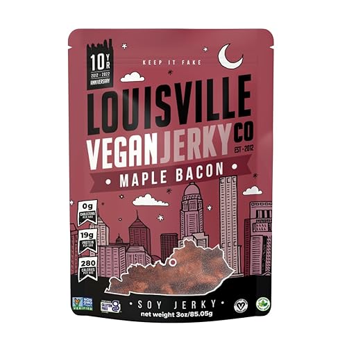 Louisville Vegan Jerky – tocino de arce, vegetariano y vegano, Jerky, 21 g/0.74 oz de proteína de soja sin OMG, ingredientes sin gluten
