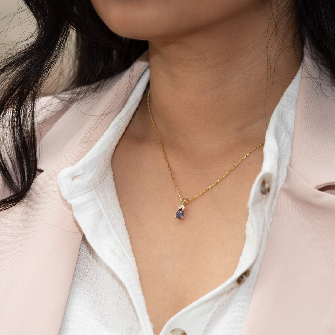 PEORA Created Alexandrite with Genuine Diamonds Pendant in 14 Karat Yellow Gold, Dainty Teardrop Solitaire, Pear Shape, 7x5mm, 1 Carat total, Color Change Alexandrite Jewelry, June Birthstone
