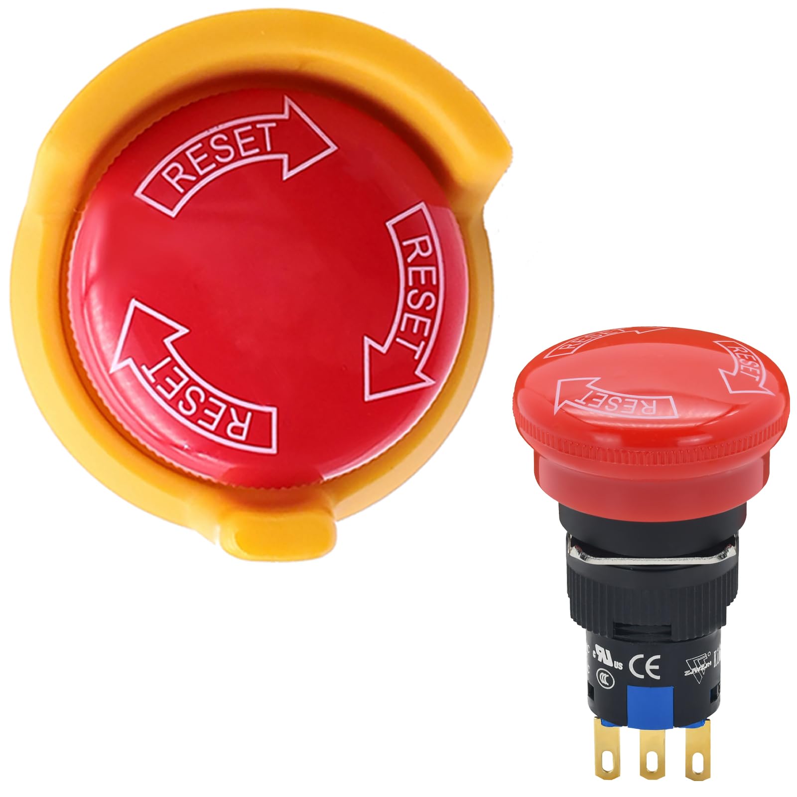 16mm Mushroom Emergency Stop Push Button Switch SPDT 3 Pin Latching with Protective Cover UL Certification with Socket 5V-250V AC/DC 5Amp