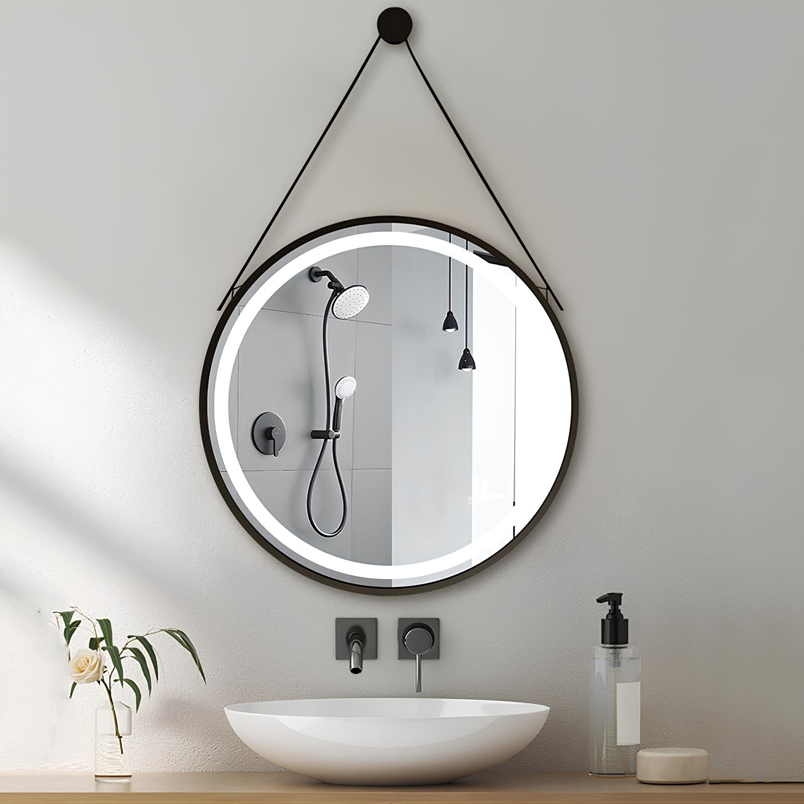 FGXHHS 50cm/60cm/70cm LED with Lights, Round Wall Mirror, 3 Color Changing, for Living Room Entryway(Black,50cm/19.7in)