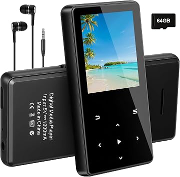 64GB MP3 Player with Bluetooth 5.3 - Portable Music Player with HiFi Sound, Speaker, E-Book Function, FM Radio, Lightweight Design - Touchscreen Buttons, Earphones Included