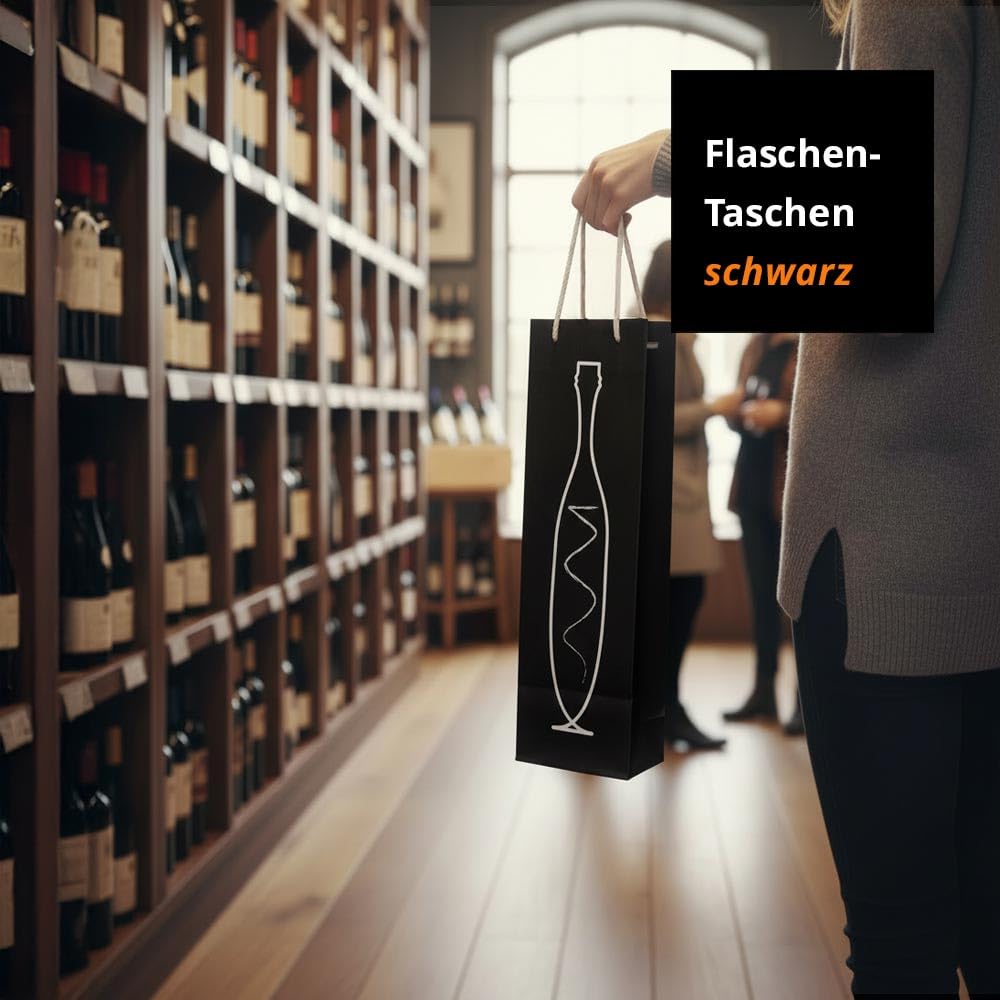 200 x Flaschentaschen schwarz 9,5+6,5x38 cm | Flaschentüten | Geschenktüte Flasche Wein | Weintaschen | HUTNER