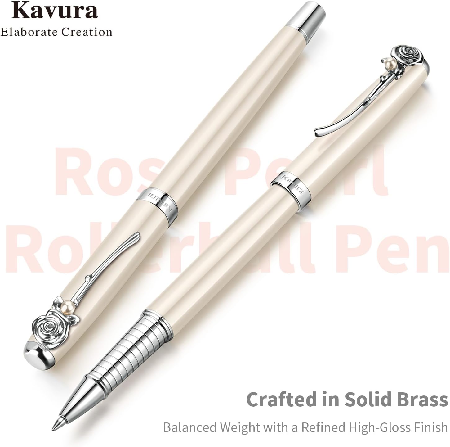 Rose & Pearl Rollerball Pen – Luxury Brass Pen Gift Set for Women, Jewelry-Inspired Design, Glossy Finish, with German Refill, Romantic Gift for Her, Anniversary & Valentine’s Day (Pearl White)