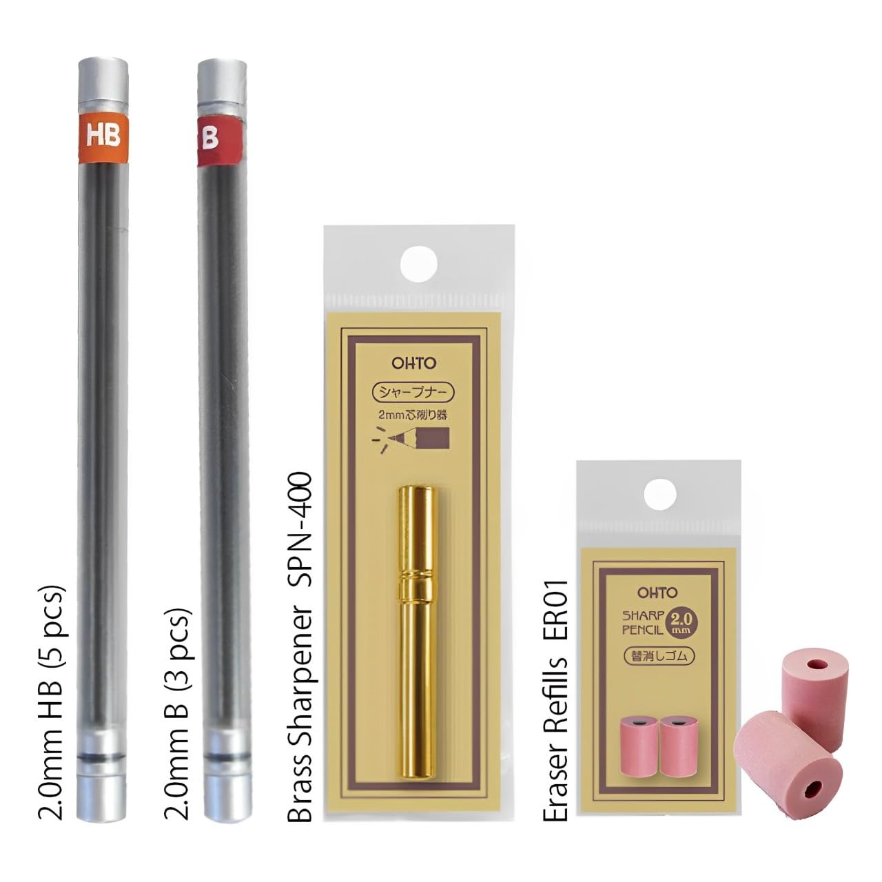 WN03 - Juego de portaminas de madera, 2.0 mm extra atrevido, barril grueso, lápiz natural de cedro de incienso con recambios de mina (HB, B), recambios de borrador y sacapuntas de latón para escribir,