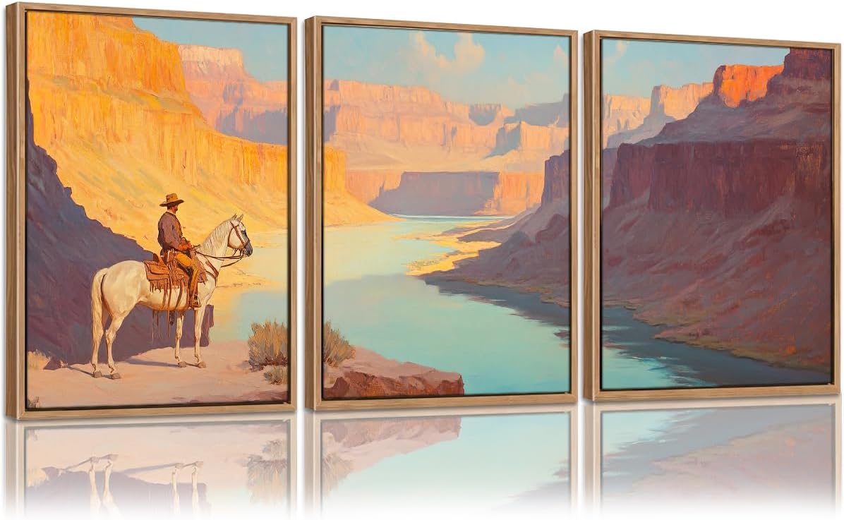 AtterrirArt Framed Cowboy Wall Art, Vintage Western Picture Painting Print, Desert Scenery Wall Decor, Canvas Wall Art For Living Room, Ready To Hang, Set Of 3, 12*16 Inch