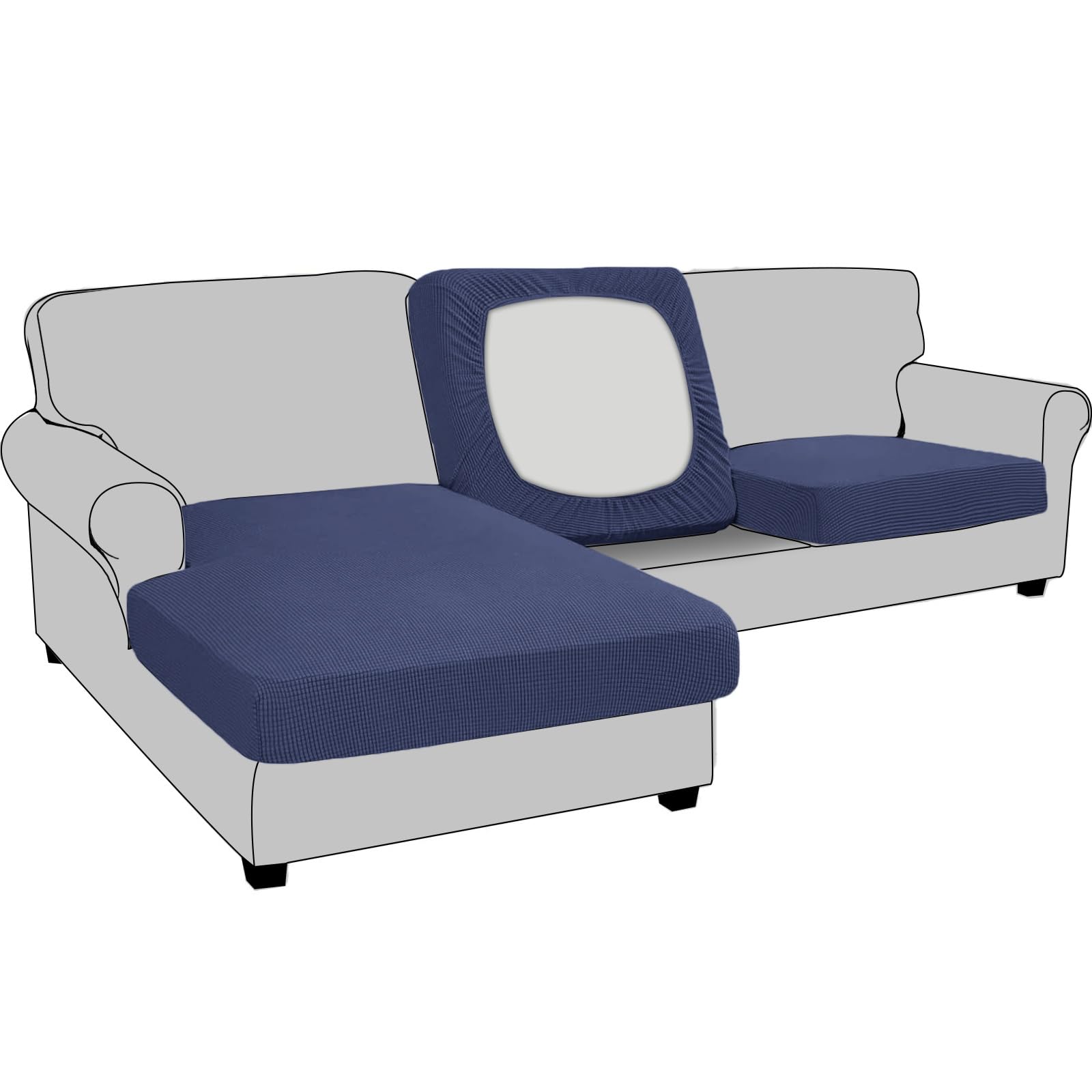 Stretch Sofa Seat Cushion Cover Replacement, Fitted Sofa Couch Cushion Covers Furniture Protector, Checks Jacquard Spandex Fabric (Chaise Seat,Navy Blue)
