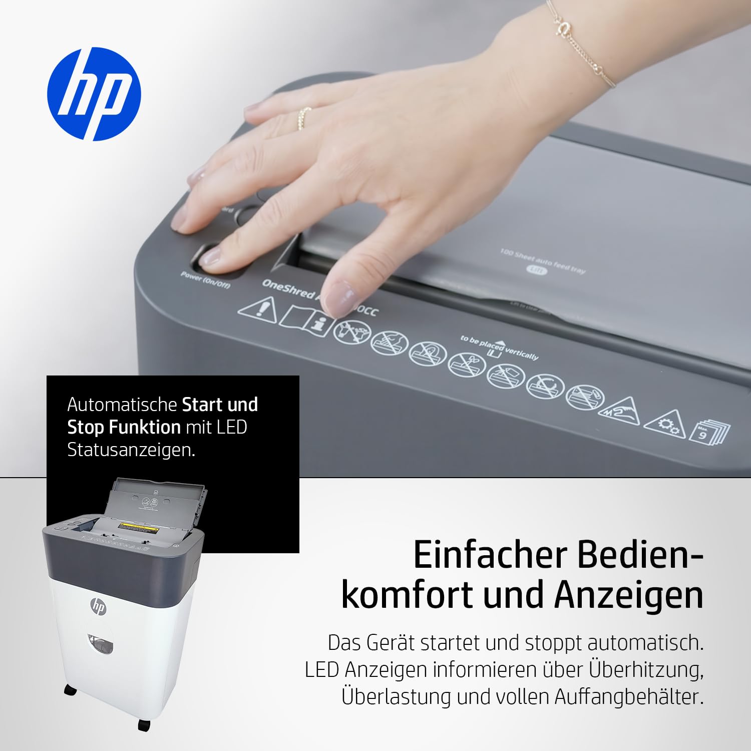 HP OneShred Auto 100CC Aktenvernichter P-4 | Papierschredder mit 100 Blatt Auto-Feed | Schredder Aktenvernichter Cross Cut | Shredder Papier 9 Blatt Manuell | Paper Shredder 17L | Aktenschredder