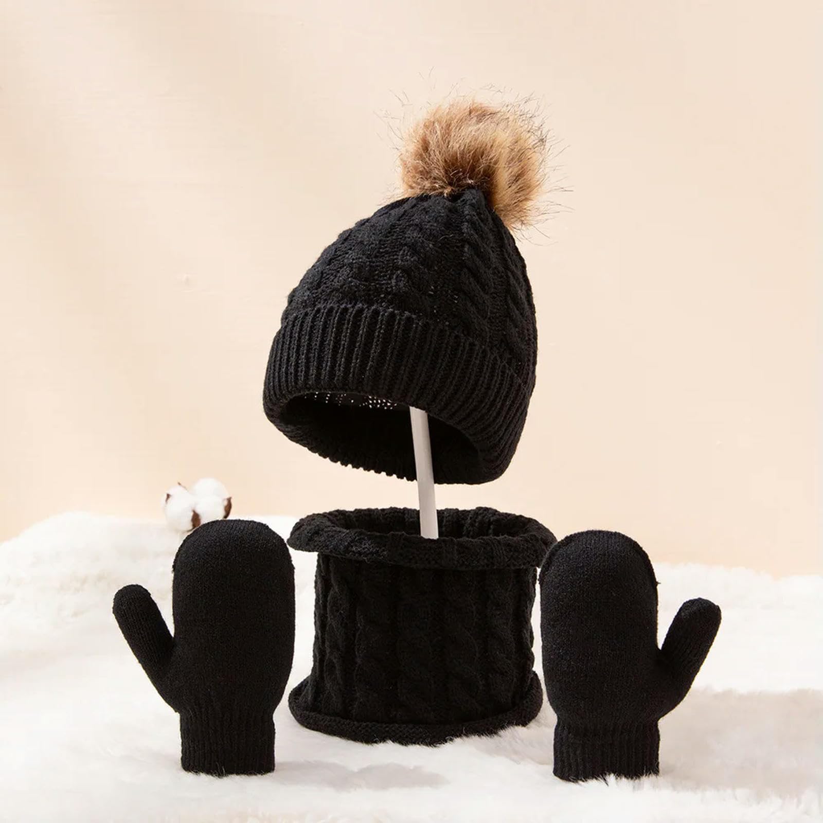 3-teiliges Winter-Set für Babys, Mütze, Schal und Handschuhe, einfarbig, für Kleinkinder, mit Bommel, Strickmützen, warmes Outdoor-Zubehör für Kleinkinder, süß (Hellgrau A)