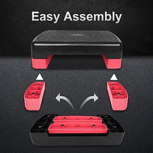 FUNJEPE Höhenverstellbarer Aerobic-Stepper für Fitness und Training, 2 Stufen, mit 2 Erhöhungen, verstellbar von 10 cm – 15 cm (rot)