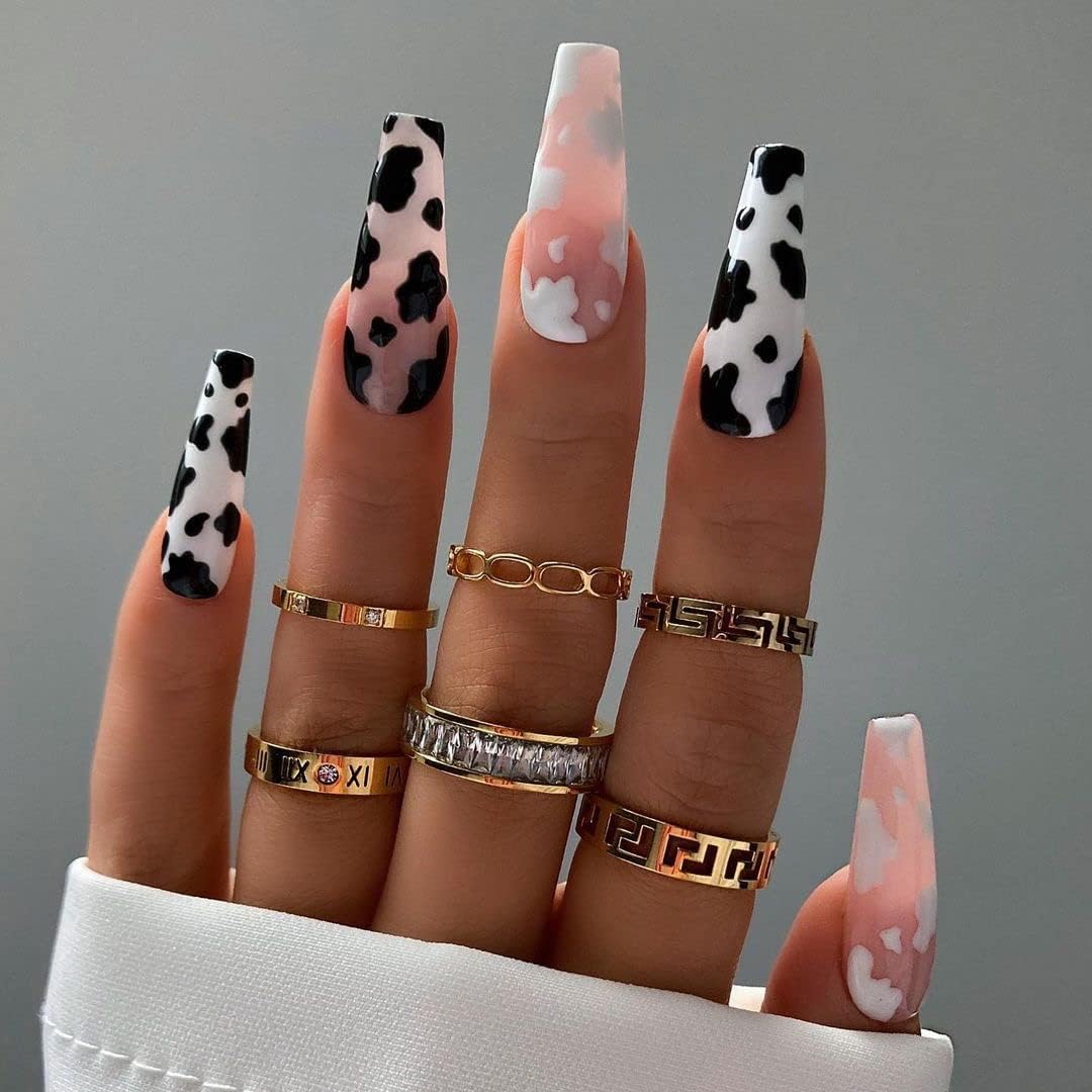 Vatocu Coffin Glossy False Nail Long Cow Print Fake Nails Black White Press on Nails Acrylic Stick on Nails for Women and Girls (24pcs)