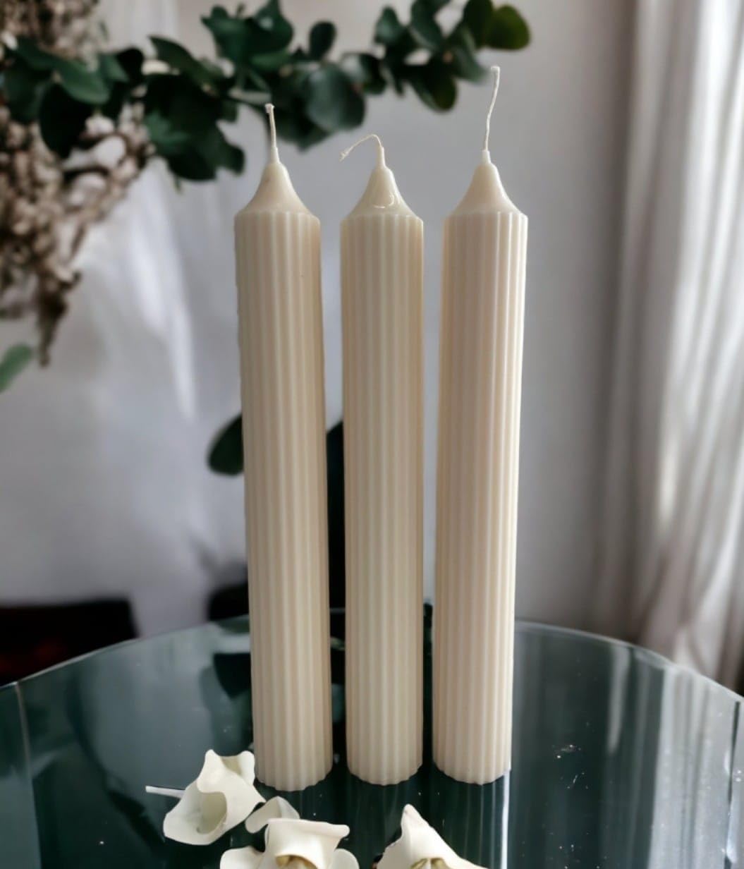 Ribbed Taper Scented Candles, 25 cm Tall, Ivory White, Set of 3-image-40