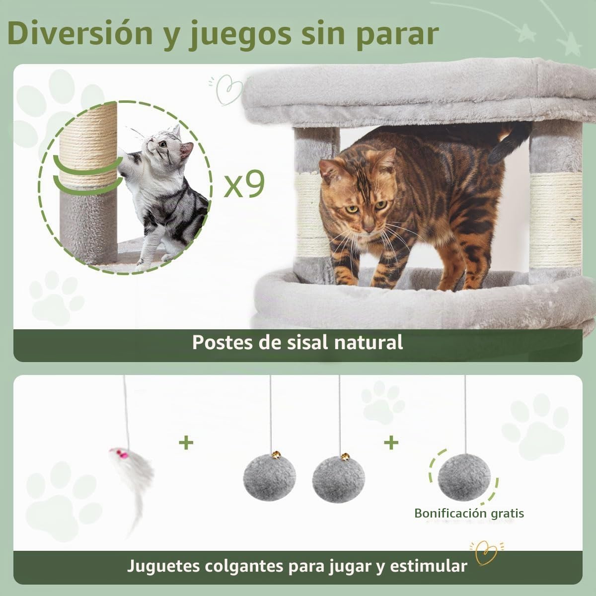 Taoqimiao Rascador para Gatos 180cm, Ideal para Gatos Grandes de +9 kg, con 3 amplias Plataformas, 9 Postes de sisal para arañar, casa Acolchada, Hamaca y Cesta de Lujo, MS034W Gris Claro