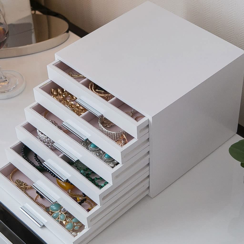Schmuck-Organizer, Schmuckkästchen, Schmuckschatulle, Aufbewahrungsbox mit 6 Schubladen, Kosmetikbox, Ring, Ohrring, Halskette, Armband, Lippenstift, Uhr, Aufbewahrungsbox, integrierte Beflockung,