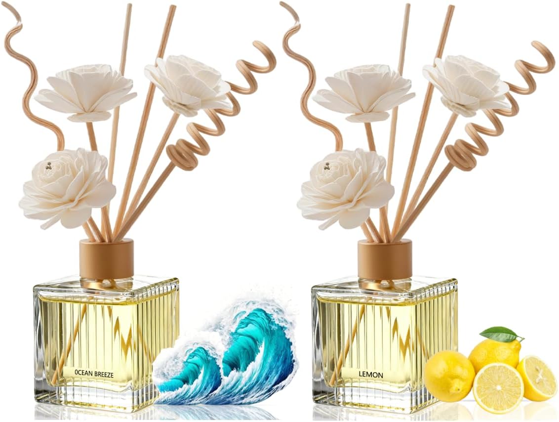 Lemon & Ocean Breeze Premium Reed Diffuser Duo - 2×200ml Glass Bottles with Natural Rattan Sticks & Dried Flowers | Energizing & Fresh Home Fragrance Set for Living Room, Kitchen, Office, Bathroom | L