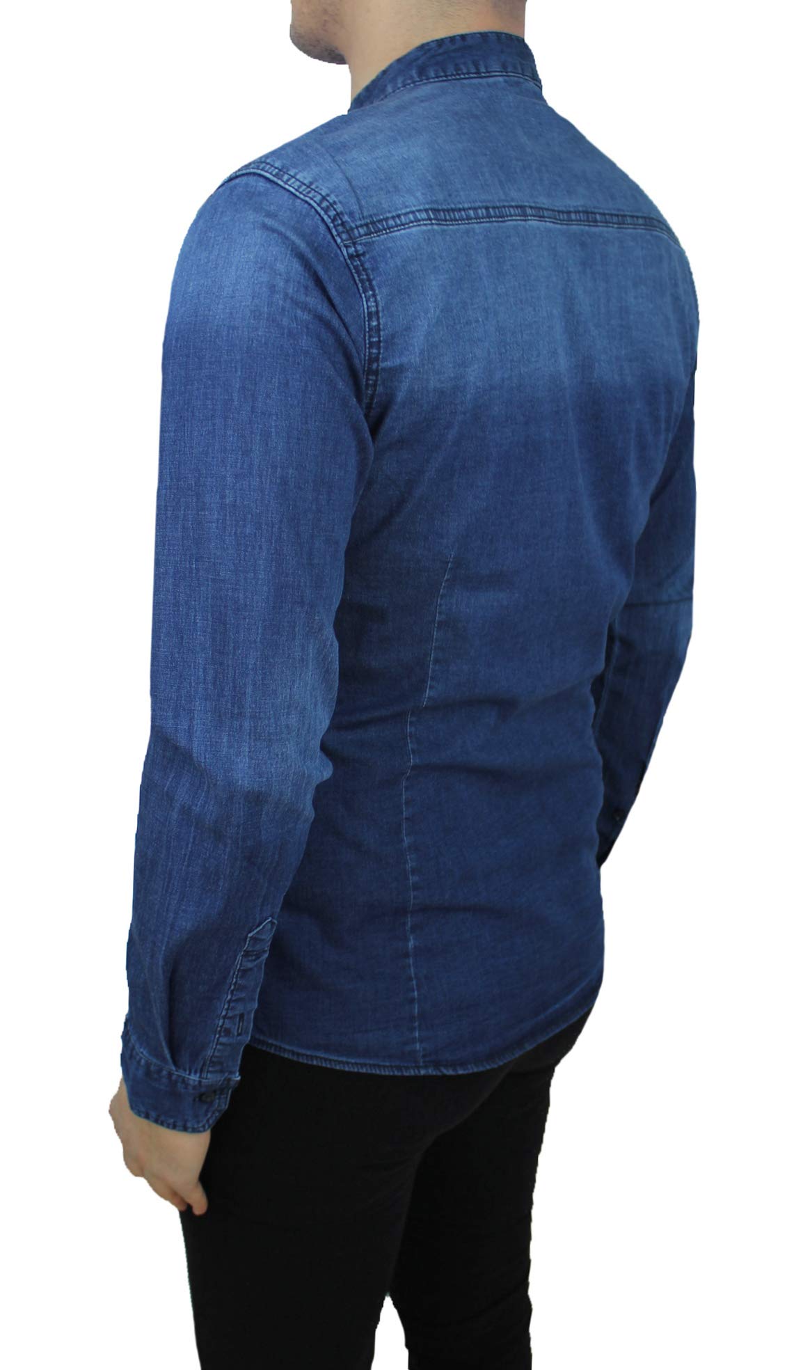 Camicia di Jeans Uomo Denim Slim Fit con Colletto alla Coreana