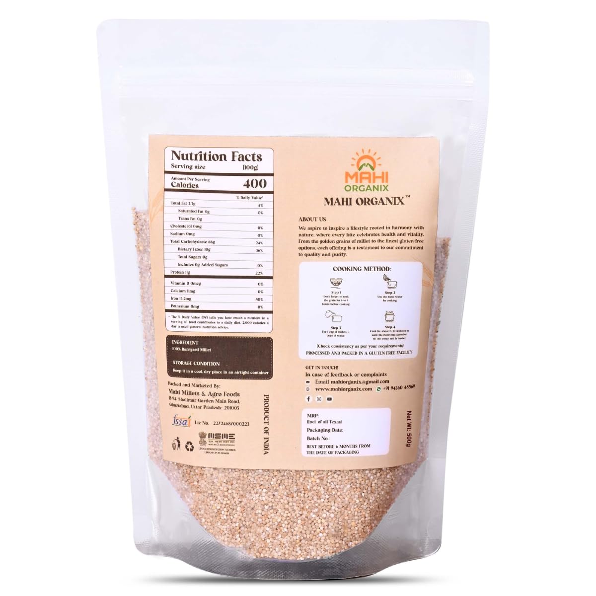 Mahi Organix Unpolished Barnyard Mille,- (Khira/Swank/Kuthiraivally/Udalu/Kodisama) | High Protein & 100% More Fiber Than Rice | Pack of 4, 500g x 4