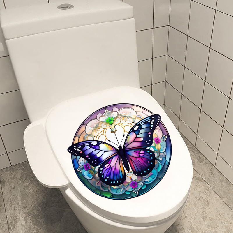 Butterfly Flowers Toilet Cover Sticker Decals,Colorful Butterfly Flowr Waterproof Toilet Lid Tank Seat Decals Cistern Self-Adhesive Bathroom Wall Sticker (01917-hudie si ye Hua)