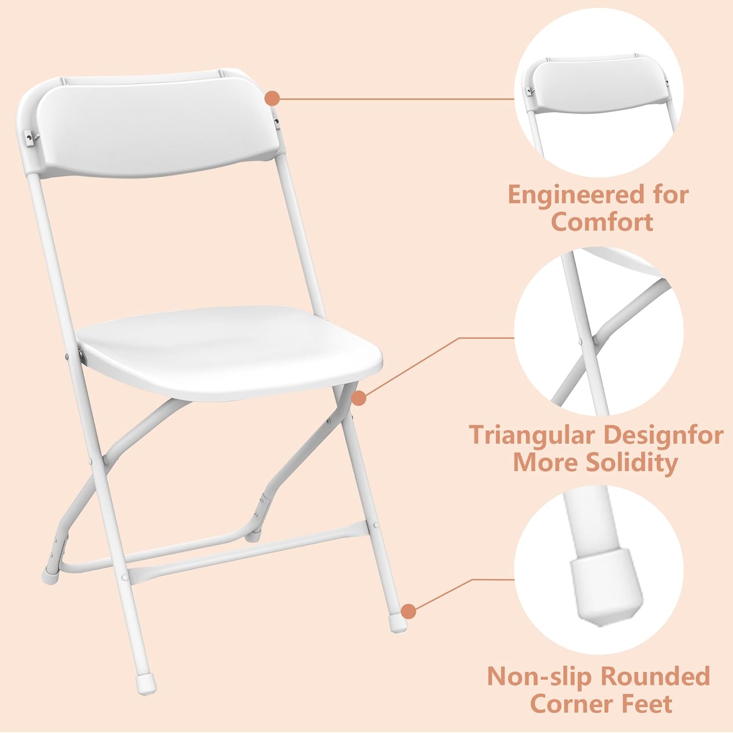 Plastic Folding Chair 6Pack, Portable White Folding Chairs, 350 lbs Capacity Heavy Duty Chair for Party, Event, Wedding, Camping, Patio, Home, Office