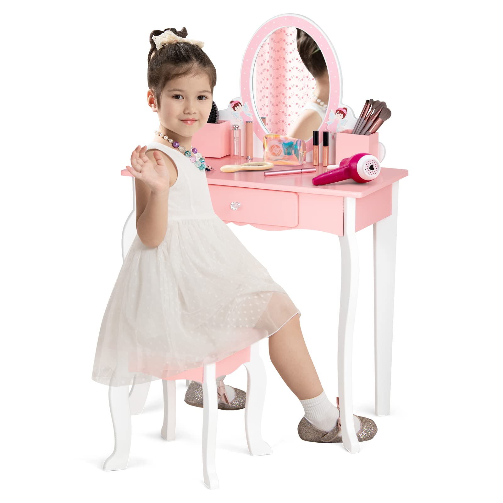 DREAMDE Coiffeuse Enfant 2 En 1 Rose Avec Tabouret – Miroir 360°, Tiroir & Bureau Amovible, Table Maquillage Princesse Tout-Petits