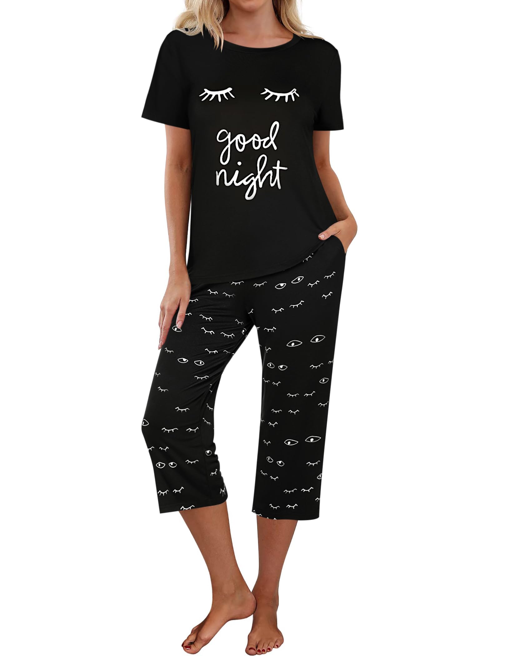 Ekouaer Damen Schlafanzug Kurz Capri 3/4 Lang Schlafhose Zweiteiliger Sommer Pyjama Set Kurzarm, Schwarz, XL