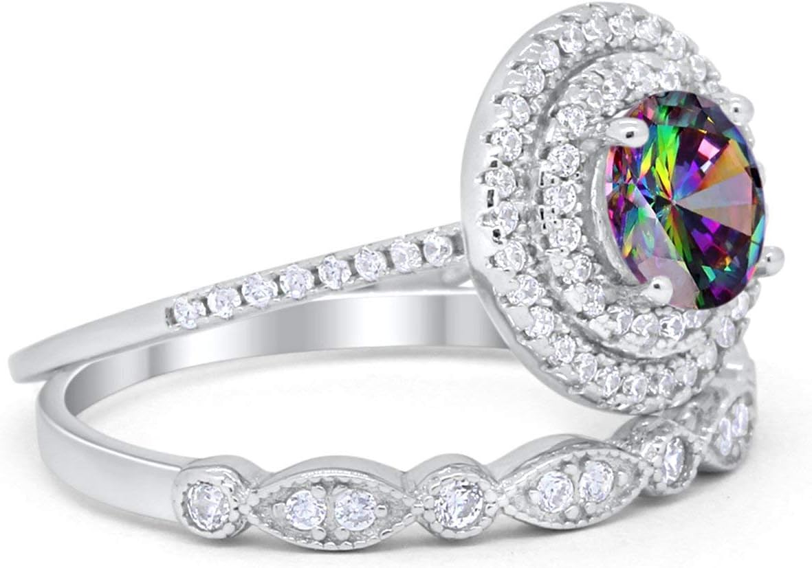 Blue Apple Co. Double Halo Wedding Engagement Bridal Set Ring Art Deco Band 925 Sterling Silver Round Cubic Zirconia