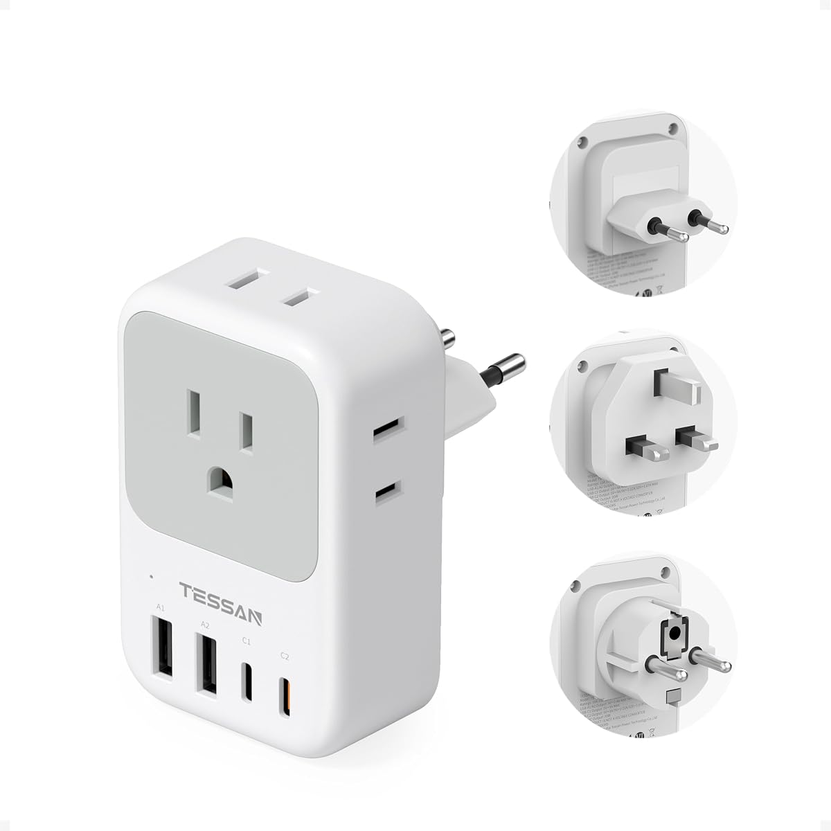 TESSAN All European UK Travel Plug Adapter Kit, PD 20W | International Detachable Adaptor, 4 AC 4 USB Potrs (2 USB C), Type C/G/E/F Universal Plug, US to Europe Italy Spain France