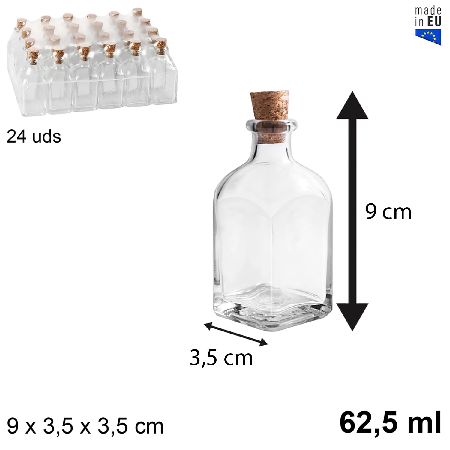 BBotella de Cristal 62,5ml | Pack 24 Unidades | 9x3,5x3,5cm | Tapón Corcho Natural | Agua Licores Manualidades | Hostelería Celebraciones Fiestas | Botellitas para Bar, Decoración (62,5ml (24 uds)