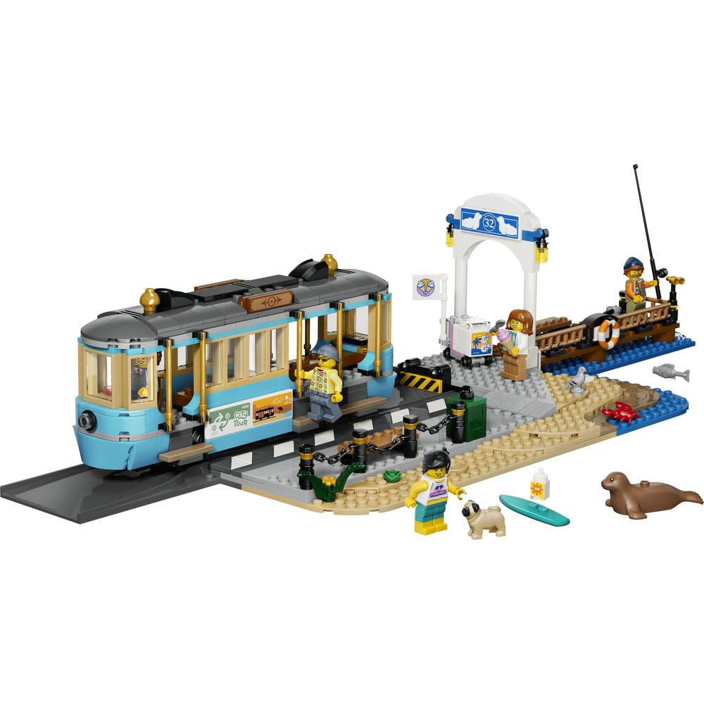 LEGO City Tramwaj przy plaży, zabawka konstrukcyjna, pociąg dla dzieci, 5 minifigurek i figurki zwierząt, prezent dla chłopca lub dziewczynki w wieku od 7 lat 60506
