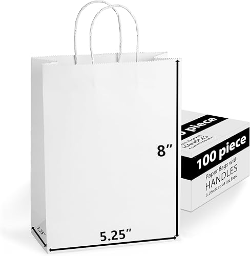 Bolsas de regalo de papel kraft marrón de 5.25 x 3.25 x 8 pulgadas a granel con asas. Ideal para compras, embalaje, venta al por menor, fiesta,