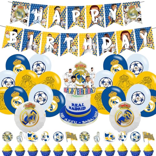 Madrid Soccer CF Birthday Decorations Soccer Theme Party Supplies with Banner Cake Topper Cupcake Toppers Foil Balloons for Fans Adults Birthday Party Favors