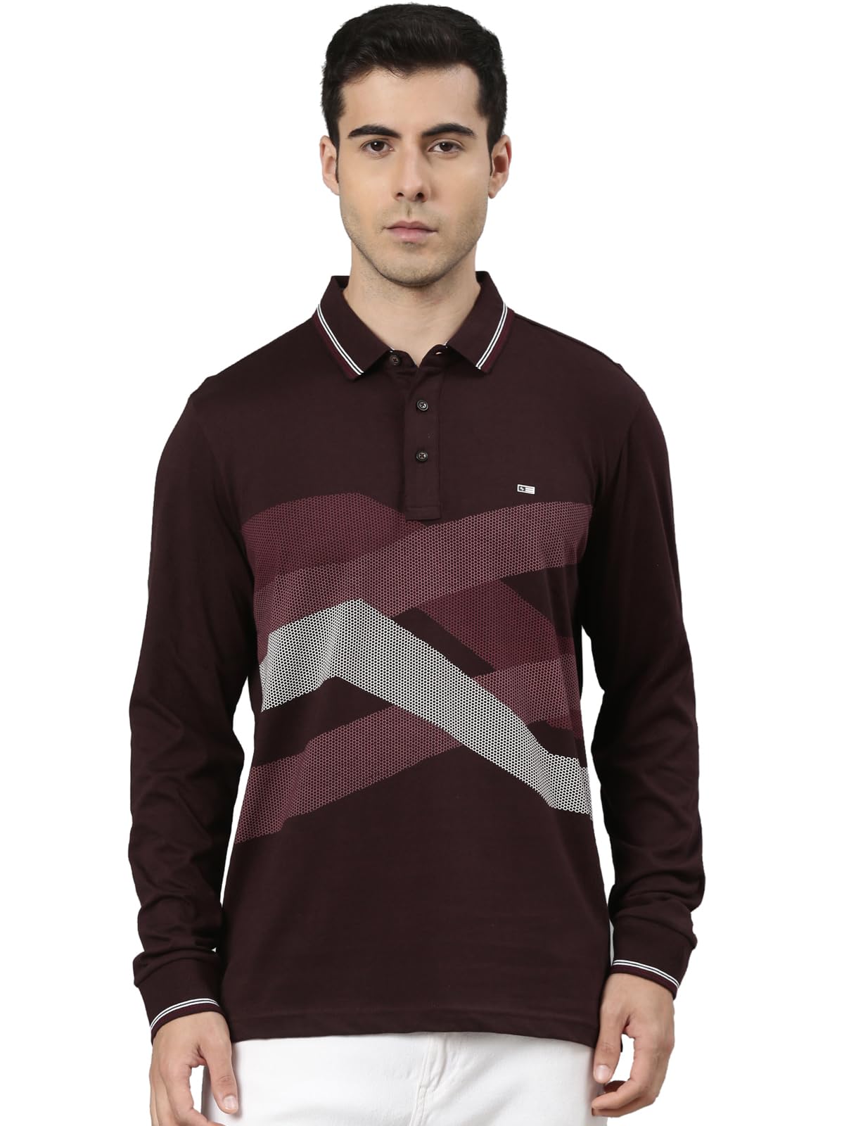 classic polo Men's Full Sleeve Burgundy Polo Neck Slim Fit Printed Cotton T-Shirt-picture-2