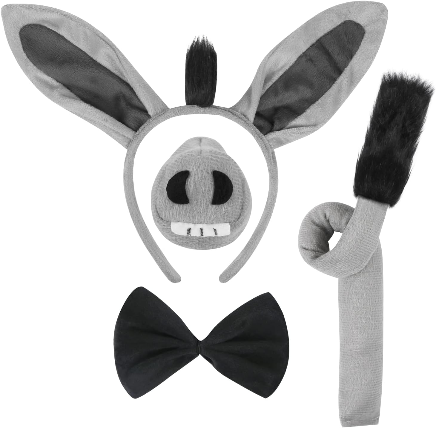 4 Pcs Donkey Costume Set - Ears Headband, Nose, Tail and Bow Tie - Animal Fancy Dress Kit Party Accessories for Halloween, Birthday, Christmas, Cosplay Dress Up Party Decorations