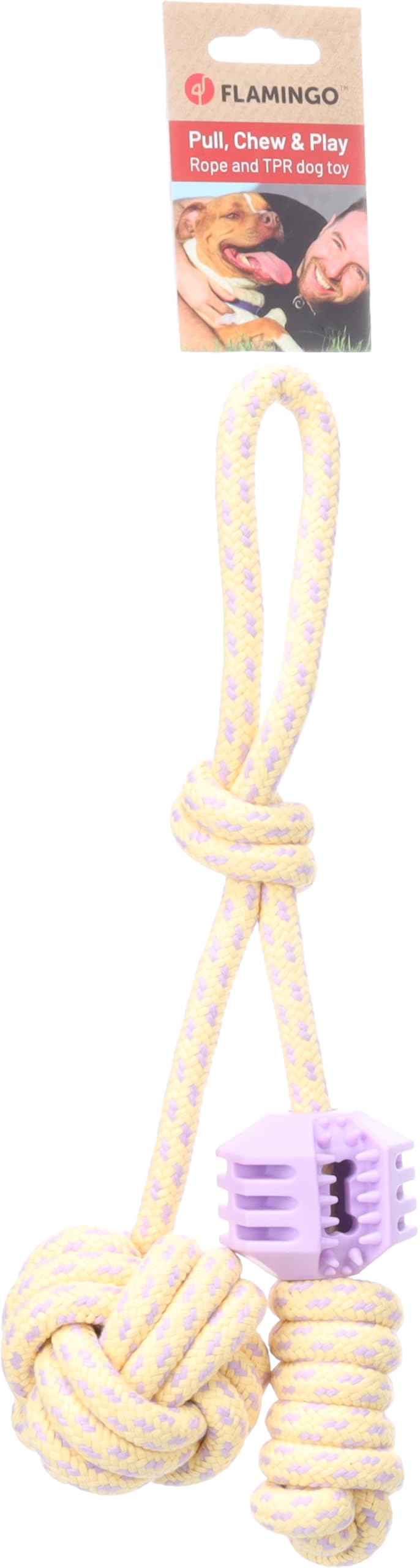 DT JOANIE PULL ROPE WITH TPR BALL AND KNOTS TWIST PURPLE/YELLOW 36x13,5x8CM