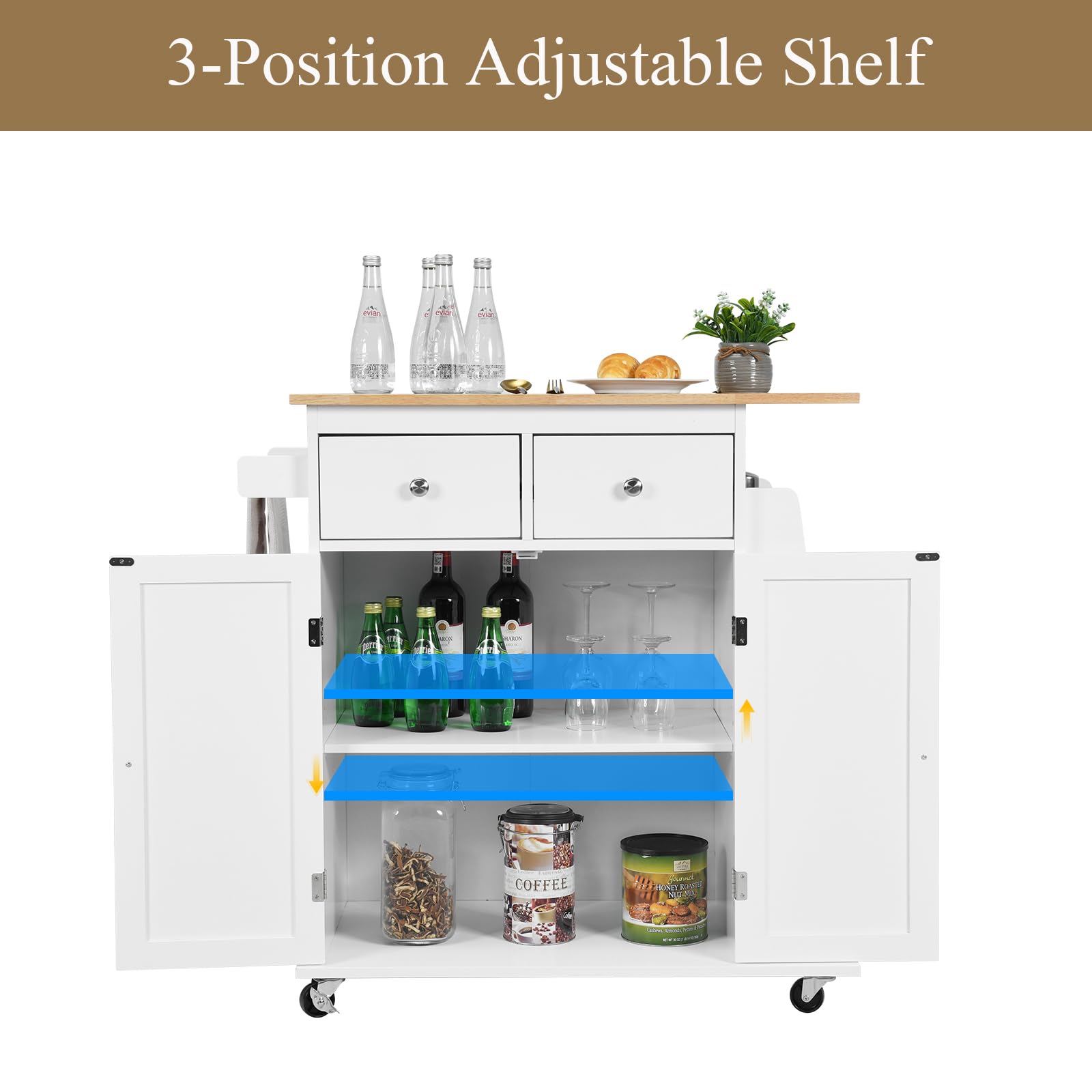 KOMFOTTEU Carro de Cocina con Encimera de Madera Maciza, Carrito Auxiliar con Estante Lateral, 2 Cajones, Armario con Puertas, Isla de Cocina con Ruedas y Estante Ajustable, 88 x 46 x 90 cm (Blanco)