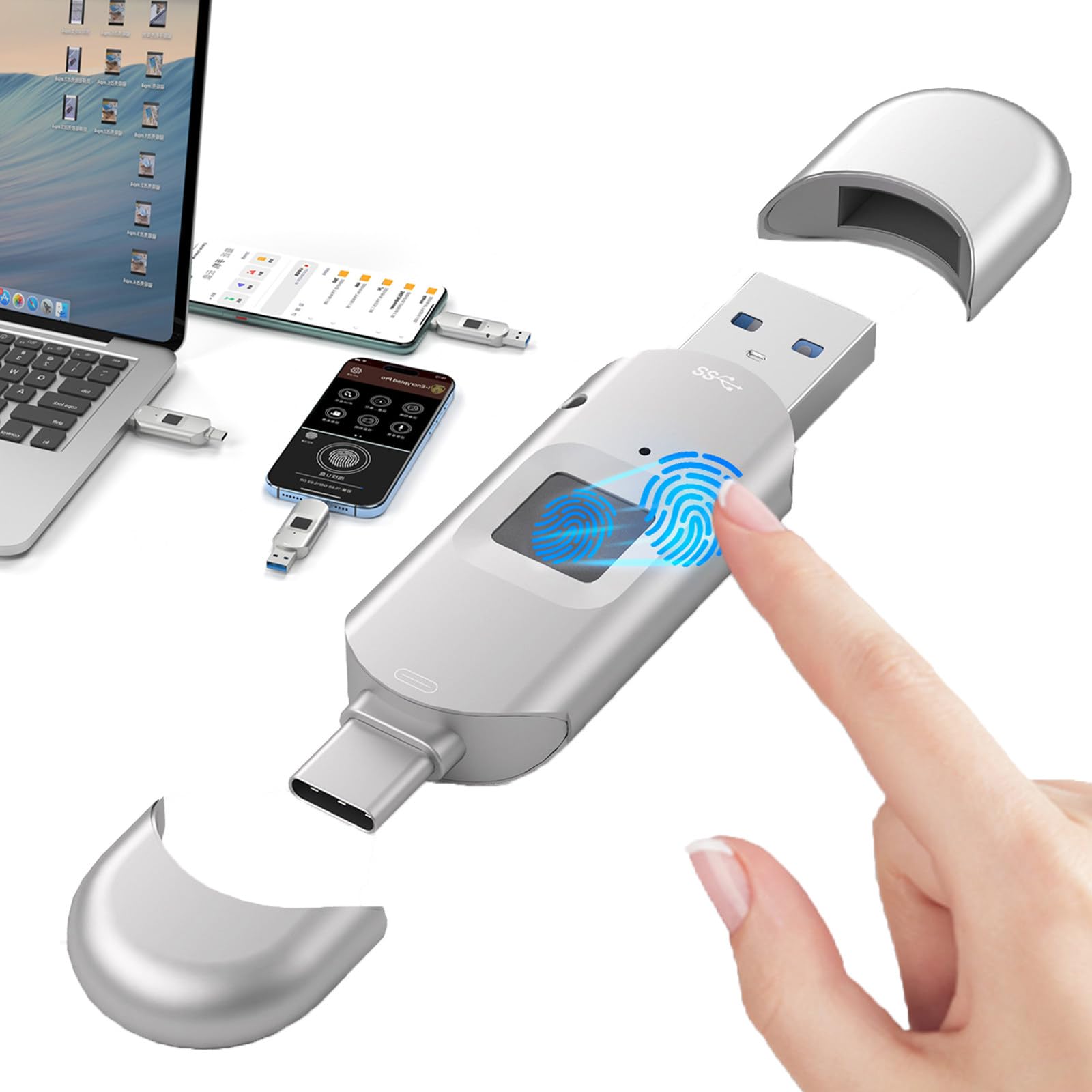 Chiavetta USB 3.0 Con Impronta Digitale, Unità USB Da 64 Gb/128 Gb/256 Gb/512 Gb per iPhone 15/iPad/Android/Windows/Mac, Memory Stick Con 60 Id Di Impronte Digitali Consentiti 64GB