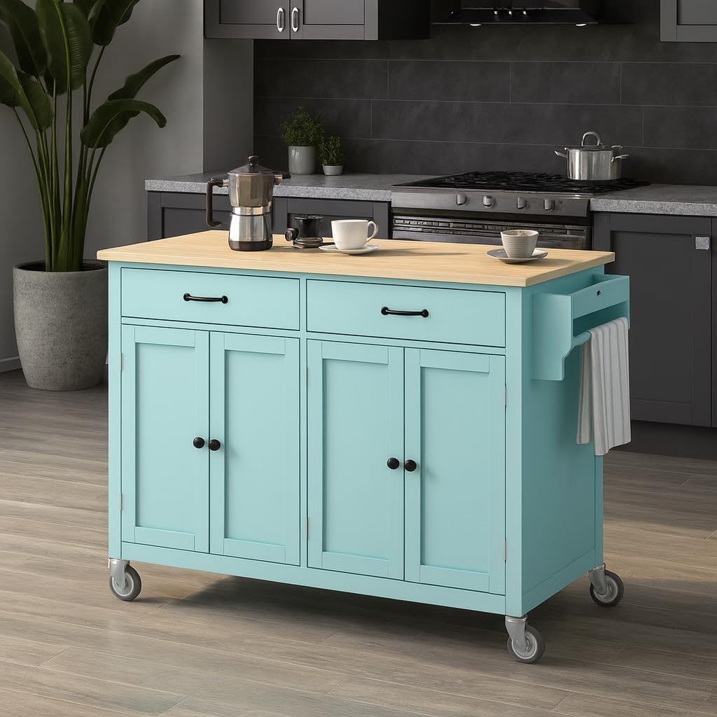 Kitchen Island Cart with 4 Door Cabinet and Two Drawers and 2 Locking Wheels - Solid Wood Top, Adjustable Shelves, Spice & Towel Rack(Mint Green)