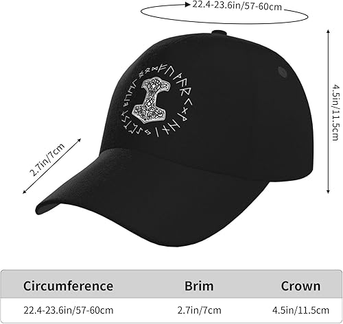 Vista 5 de Vikings Mjolnir and Rune Wheel - Gorra de béisbol con símbolo de mitología nórdica para hombre y mujer, ajustable, clásica, color negro