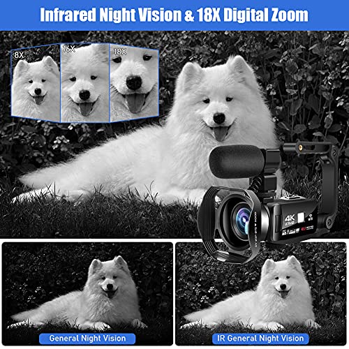 Videokamera Camcorder 4K 48MP 60PFS WiFi Camcorder Full HD 18X IR Nachtsicht Vlogging Kamera 3.0" IPS Touchscreen mit Mikrofon, 360° Funkfernbedienung, Zwei Batterien – Bild 4