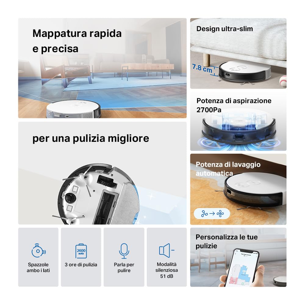 Tapo RV20 Mop Robot Aspirapolvere Lavapavimenti con Mappatura, Navigazione LiDAR MagSlim, Design Ultra Compatto 7.8 cm, Zone No-Go e Muri Virtuali, Aspirazione da 2700Pa, Controllo APP&Alexa&Google