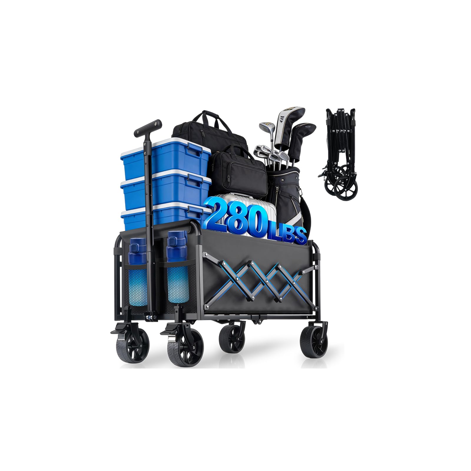Carrello pieghevole pieghevole con ruote, resistente, 163,3 kg, portatile, pieghevole, con freni girevoli a 360°, ruote e portabicchieri, per campeggio, spiaggia, generi alimentari e giardino