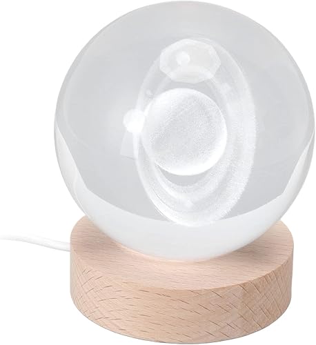 Saturn - Lámpara de noche, bola de cristal 3D de 3.1 in, luz nocturna tallada interior luminosa, base de 2.8 in, enchufe directo de madera, interfaz