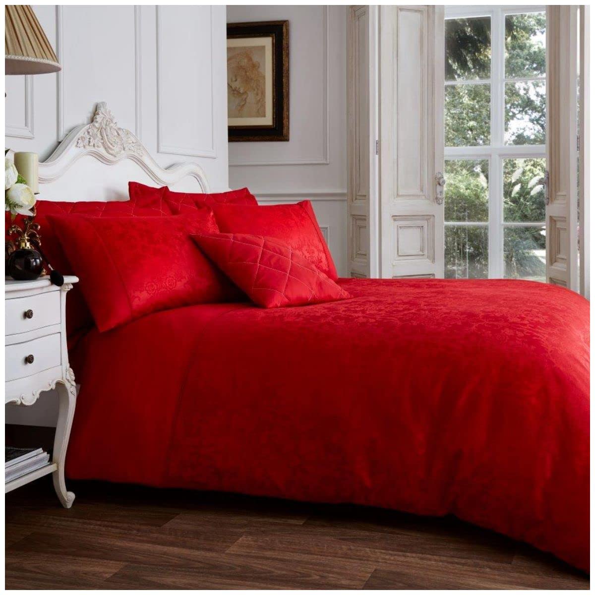Damask Duvet Cover With Pillowcase, Polycotton Fabric Luxury Bedding Single Bed Set, Cosy Bed Comforter Covers, Red