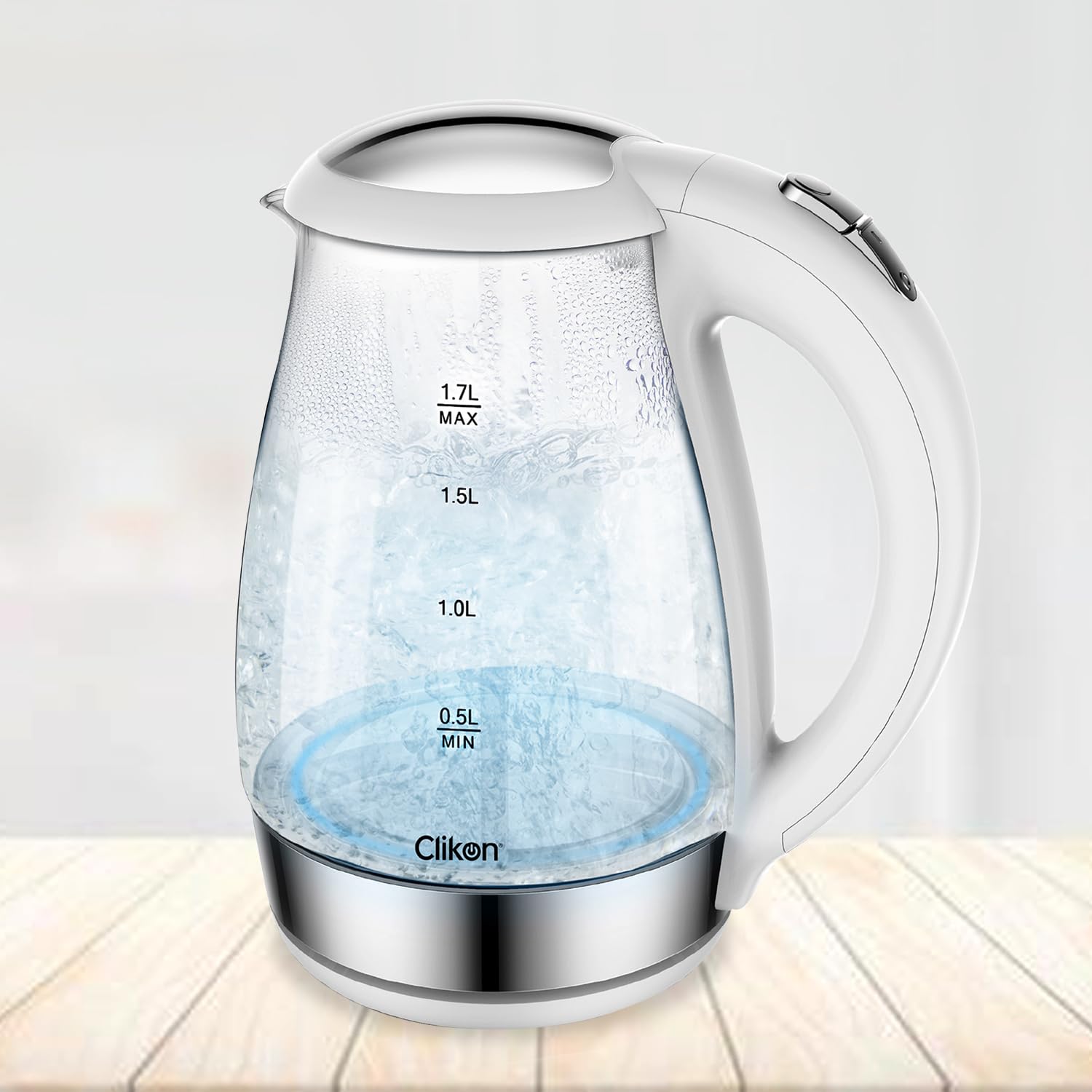 Clikon 1.7 Litre Glass Body Electric Cordless Kettle with 360° Swivel Base, Power Cord Storage, Auto Cut-off Function, Boil Dry Protection, LED Indicator, 2200 Watts, 2 Years Warranty, White - CK5128