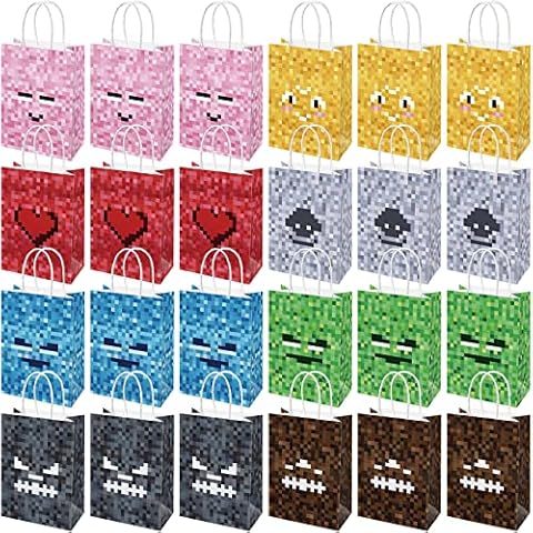 24 Pcs Miner Gamer Party Gift Bags Pixels Themed Party Favor Pixels Party Bags Party Present Goody Treat Candy Bags for Decor Birthday Party Decor Game Party and Daily Use Bag Cover