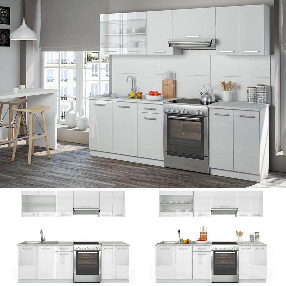 Vicco Cucina componibile Raul, Bianco lucido/bianco, 240 cm, PL Marmo, combinabile in modo flessibile con elementi modulari