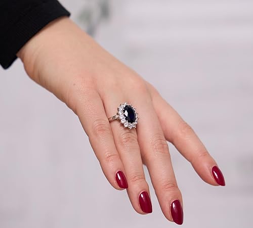 Vista 5 de Beaux Bijoux Anillo de Compromiso de Plata de Ley Grande Ovalado con Zafiro Azul Creado y Circonia Cúbica Clara, Anillo de Novia, Estilo Princesa