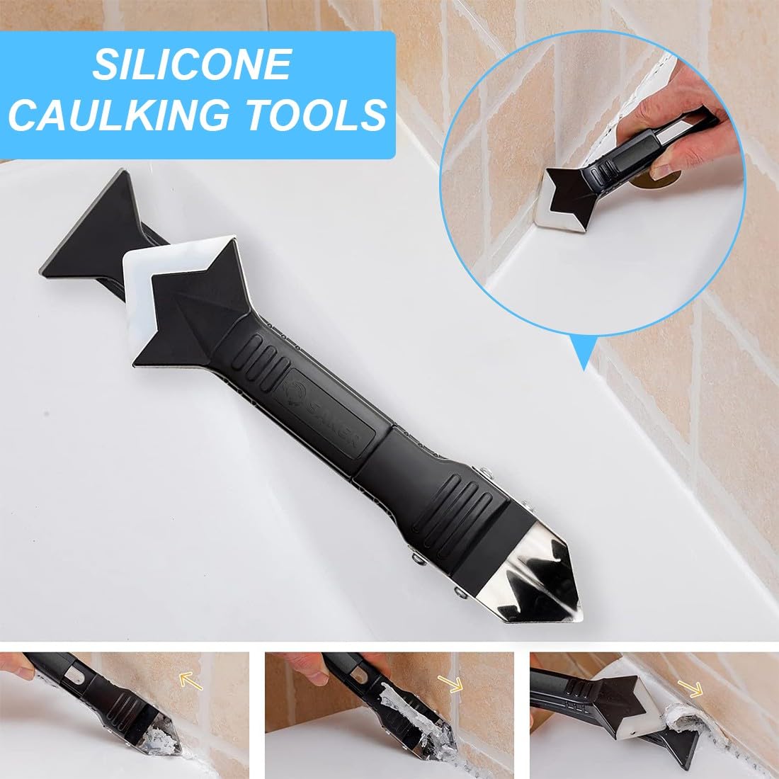 Spatola per Silicone, Rimuovi Silicone, Strumenti per Calafataggio, Raschietto Spatola per Sigillante, Togli di Finitura Sigillante, Rimozione di Sigillante, con 5 teste intercambiabili